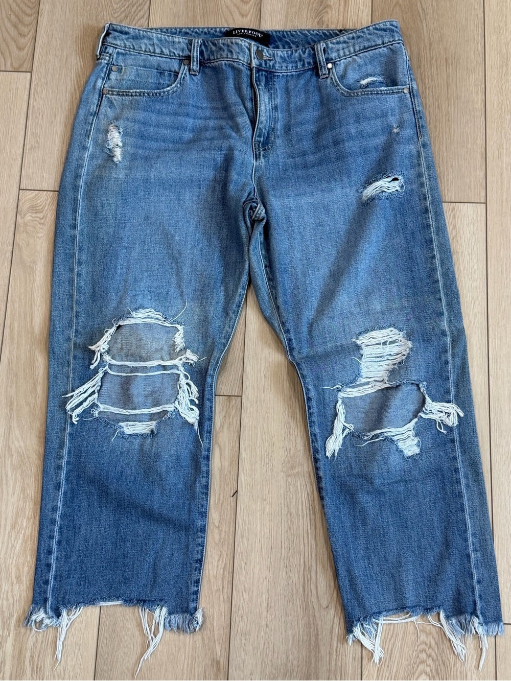Liverpool Crop Straight Distressed Jeans Size 14 Blue Raw Hem